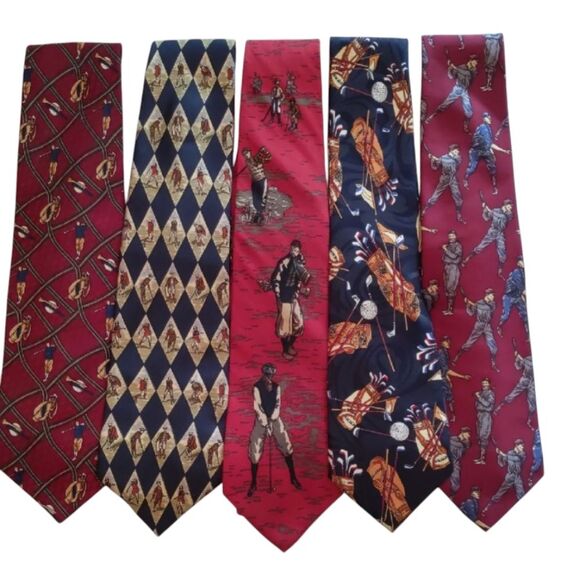 Bundle of 5 Neck Ties Sports Baseball Golf Theme Vintage Inspired Graphics - Picture 1 of 2